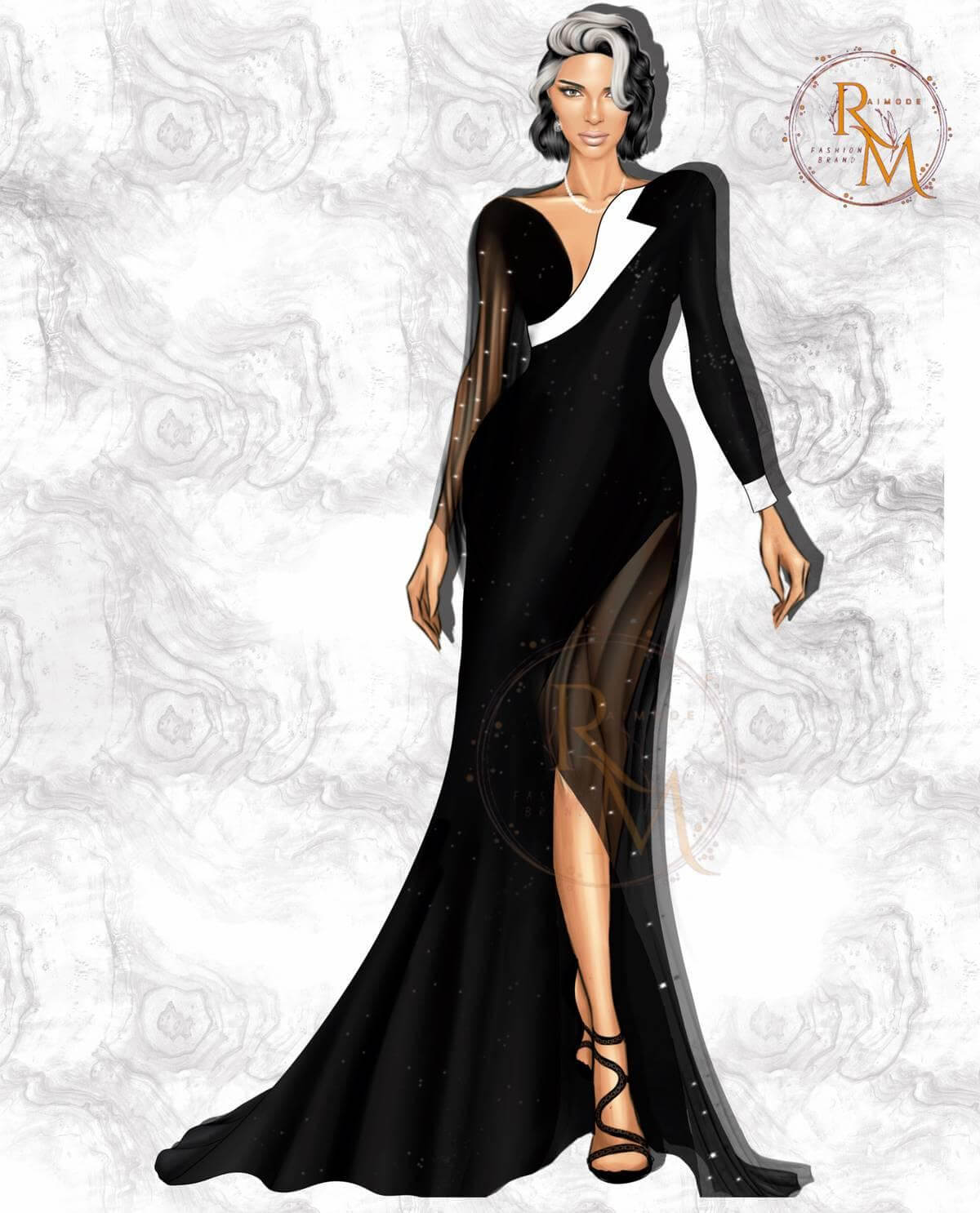 Digital fashion design of a unique dress showcasing the harmony of dark and light shades