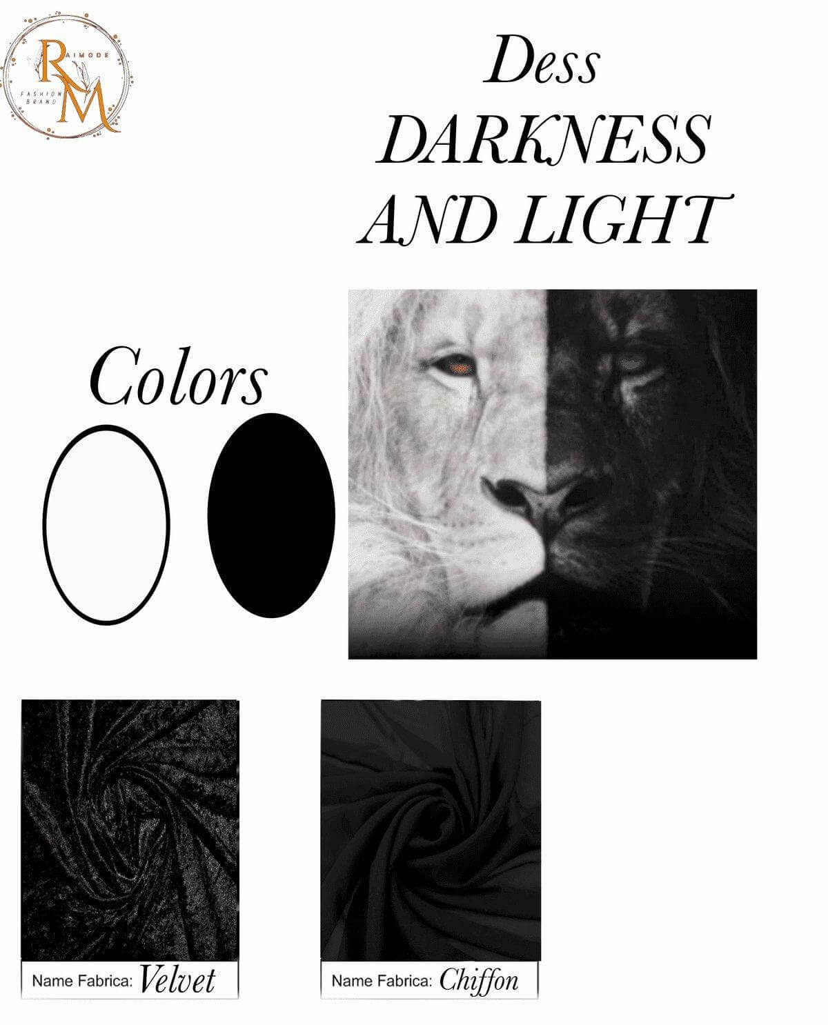 “Mood board for Darkness and Light Dress, capturing the essence of light and dark contrasts in fashion design”